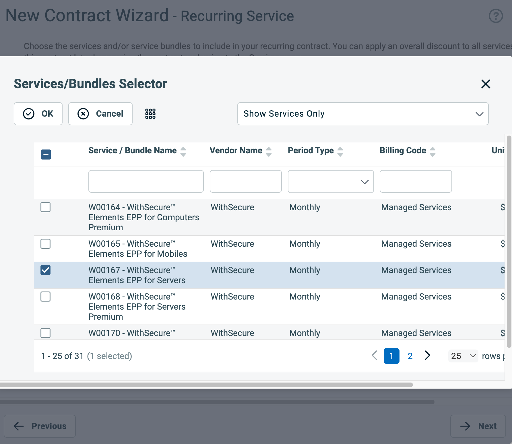 Services/Bundles Selector in Autotask PSA showing a WithSecure product selected