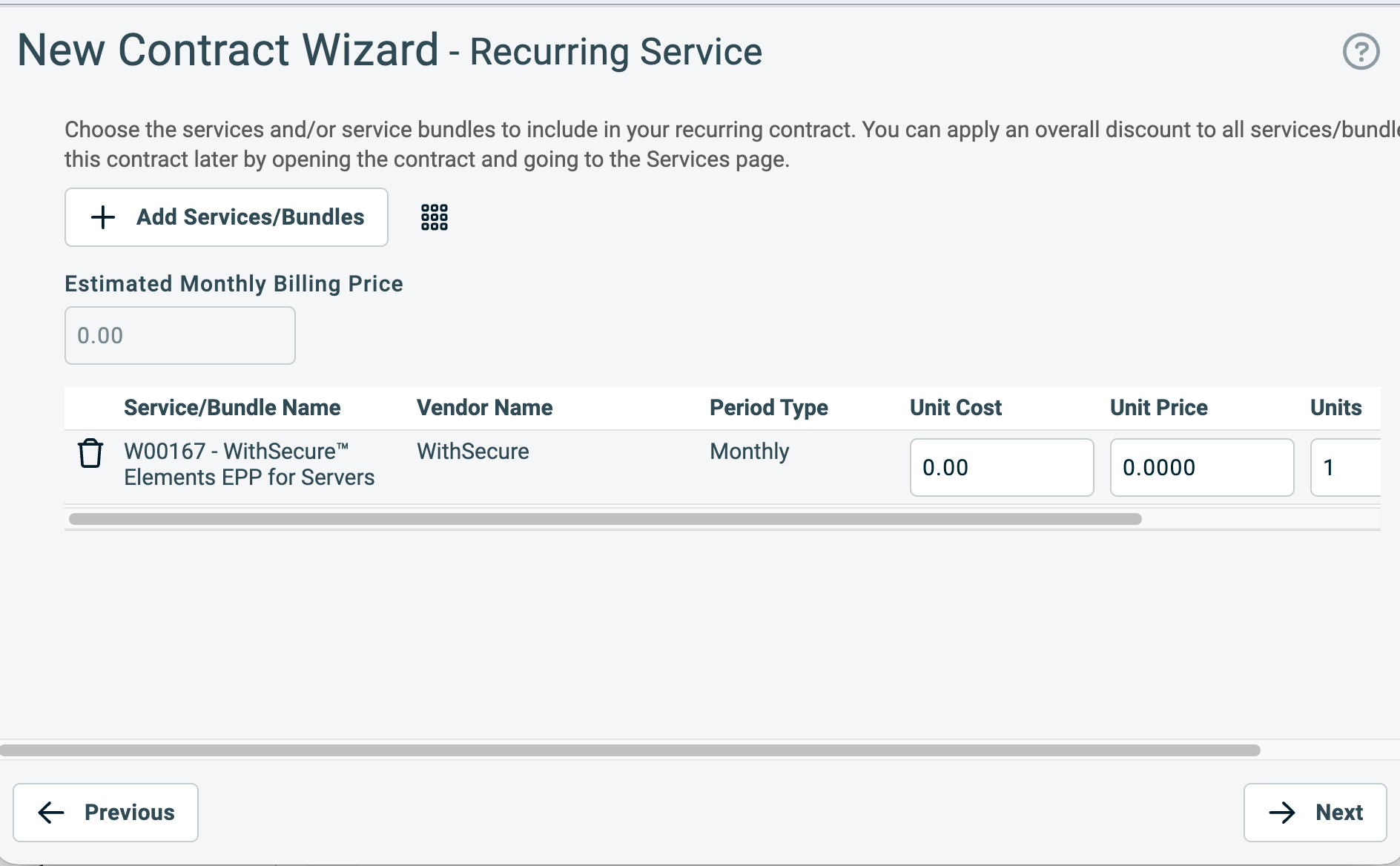 New Contract Wizard in Autotask PSA showing the selected WithSecure service with its Units field