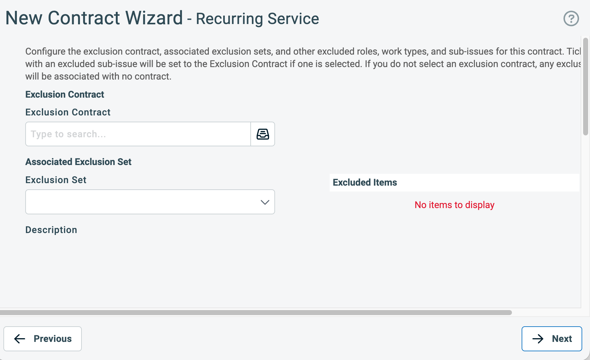 New Contract Wizard in Autotask PSA showing the exclusion contract step
