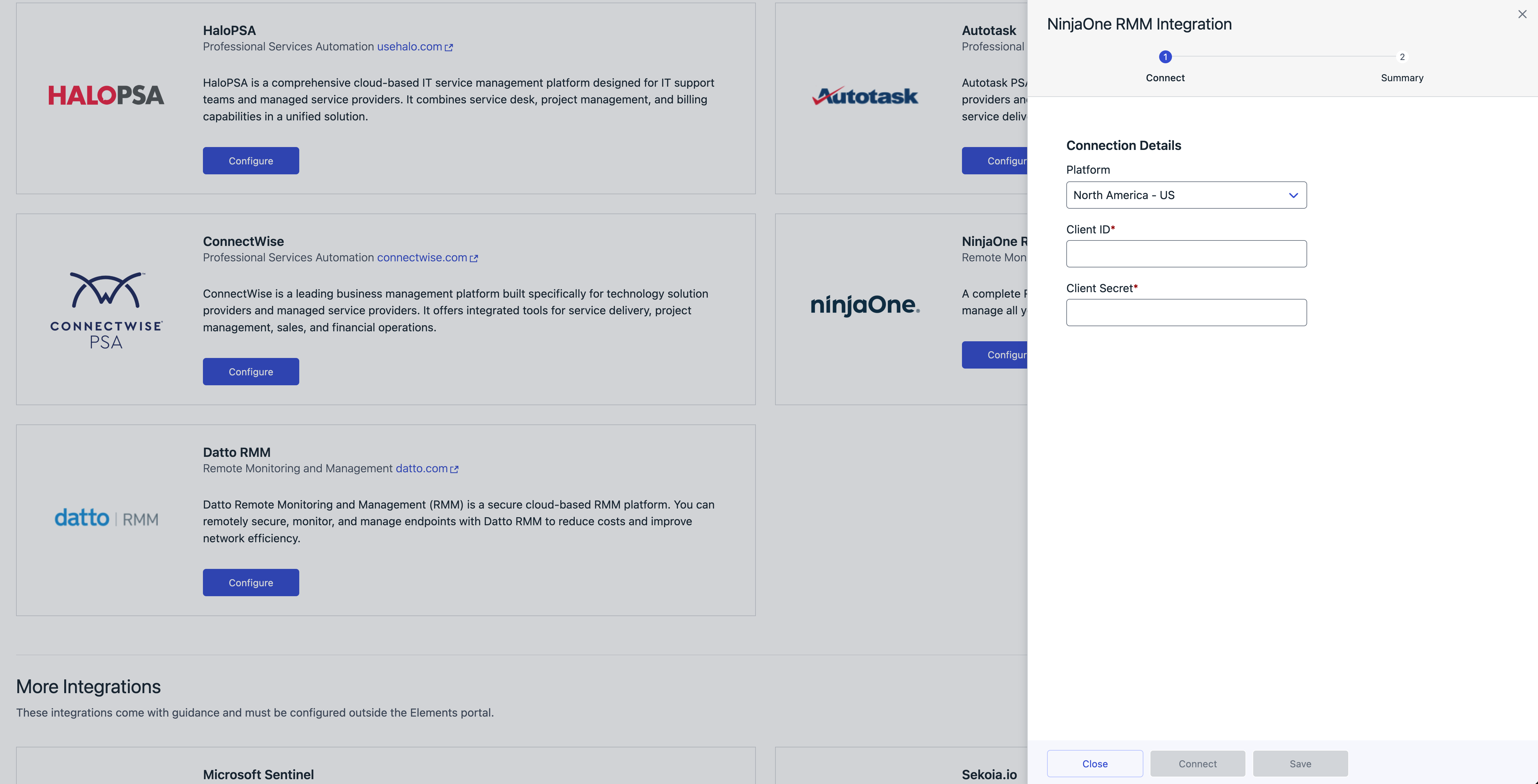 NinjaOne configure integration dialog in the Elements Security Center